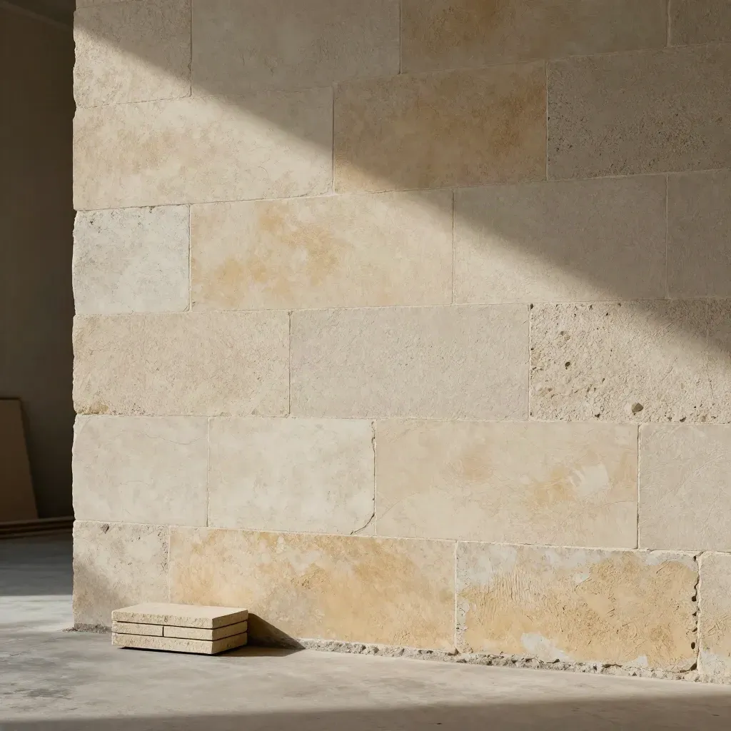 Stone cladding wall with matching offcuts on a concrete floor in soft raking daylight.