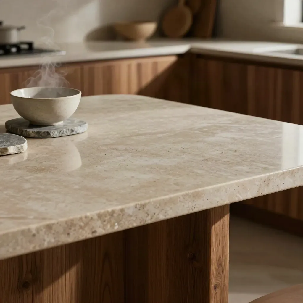 Stone tabletop with oak base, coasters and ceramic bowl in a moody kitchen nook.