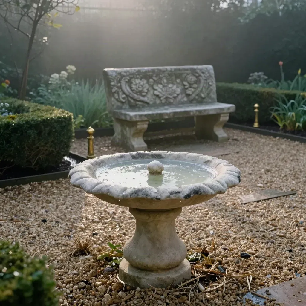 Stone bird bath, plinth and garden seat on wet gravel with mist and clipped planting.