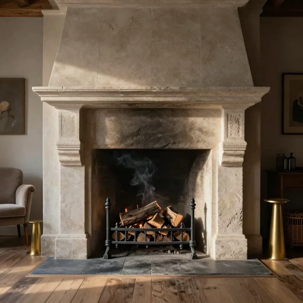 Limestone fireplace with iron fireguard and logs in a warm oak-beamed period room.
