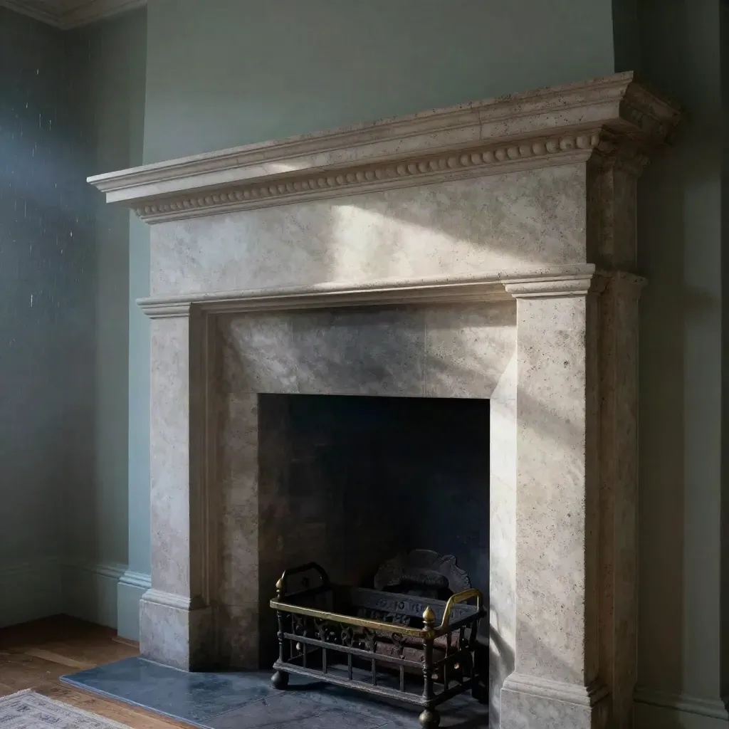 Hand-carved limestone fireplace in a period sitting room, lit by blue-hour rain light