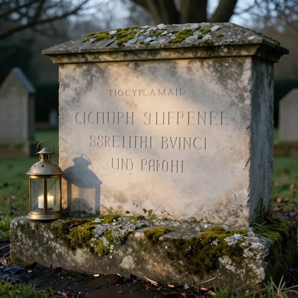 Carved limestone memorial plaque beside a lantern on a mossy churchyard ledge in soft evening sun