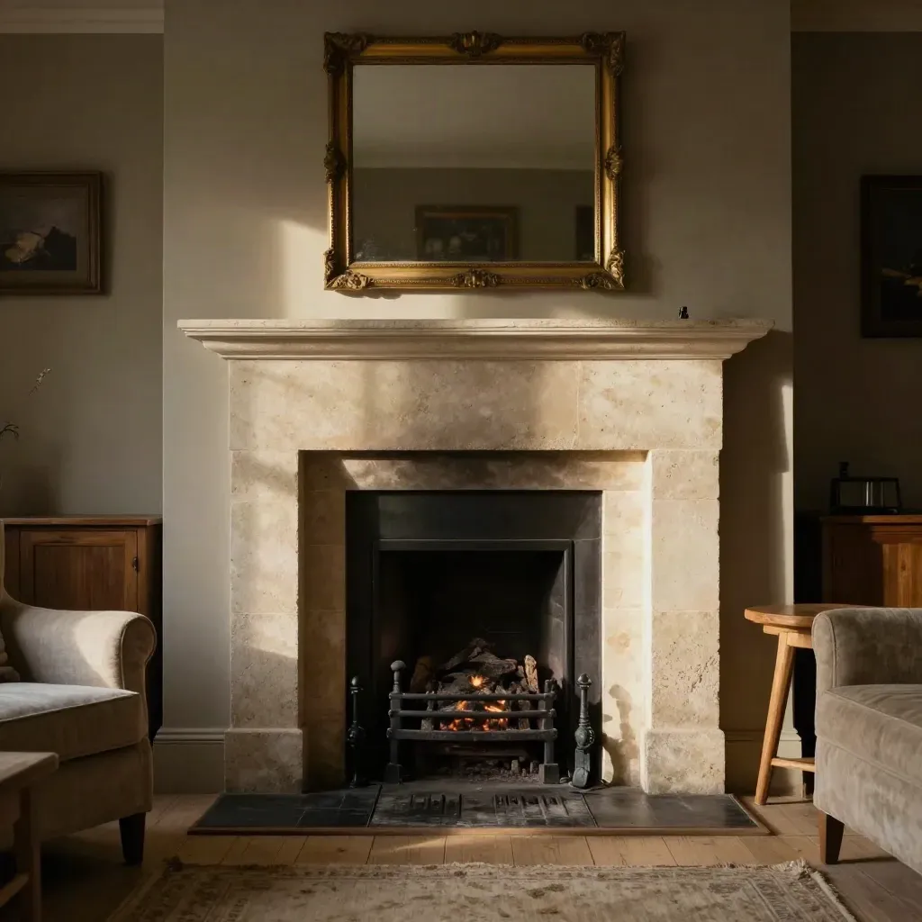 Warm Cotswold sitting room with matched limestone fireplace, antique mirror and late sun.
