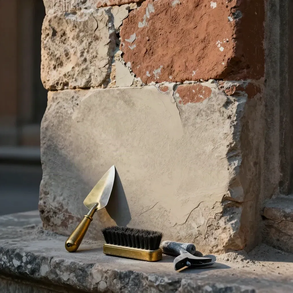 Extreme macro of repaired ashlar wall, repointed joints, replacement block and lime tools in warm light.