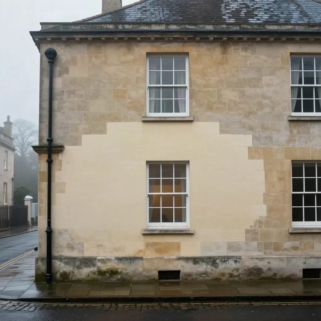 Repaired Bath stone townhouse facade with neat joints in soft misty morning light.