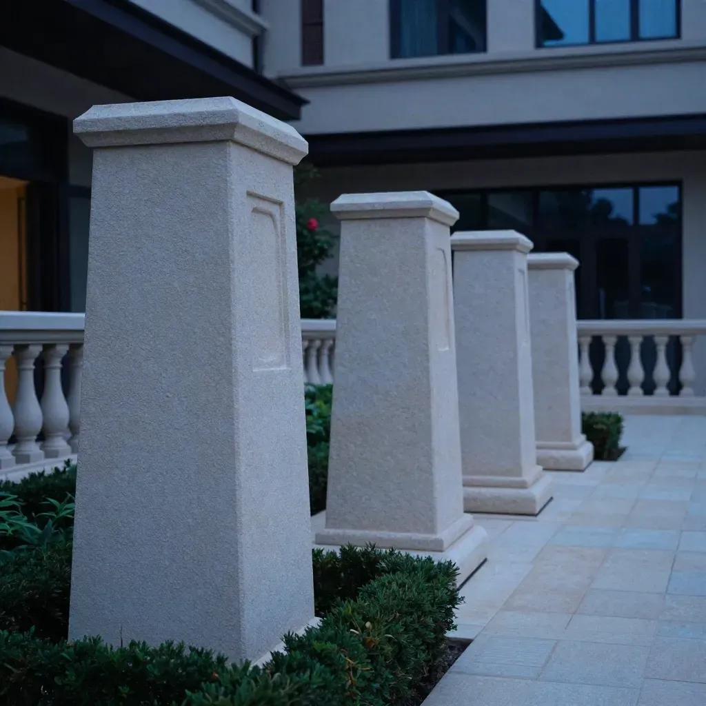 Four carved stone plinths on a hotel terrace at dusk beside clipped yew and pale paving.