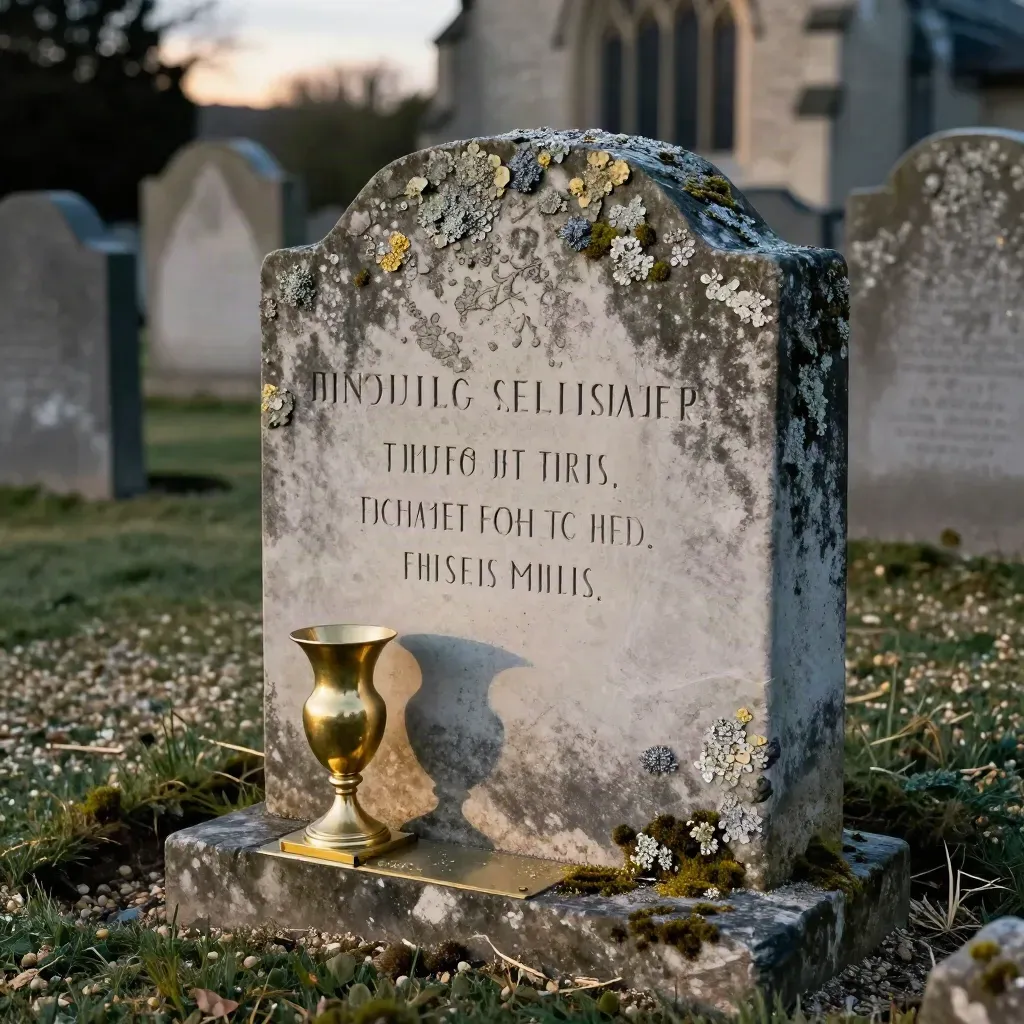 Newly cut churchyard memorial stone with lichen-marked headstones, brass vase, and sunset light