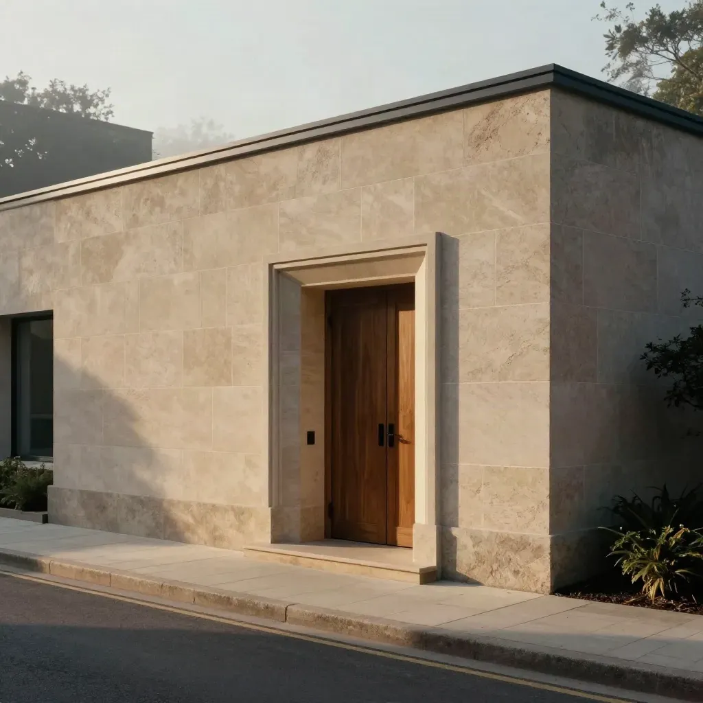 Warm limestone-clad hall frontage with tall timber doors in soft morning light.