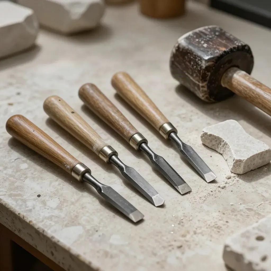 Stone chisels, mallet and limestone offcut on a dusted workshop bench