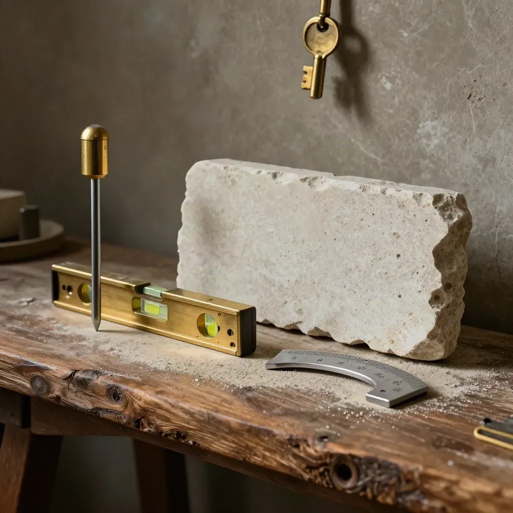 Stone survey tools and a limestone sample arranged in a dim workshop still life.