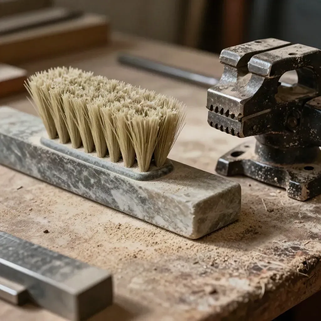 Dusty brush, sharpening stone and worn vice jaw on a scarred workshop bench