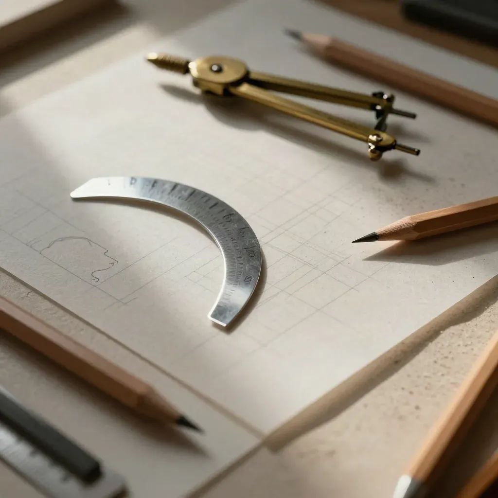 Tracing vellum, French curve, compass and pencils on a limestone drafting board.