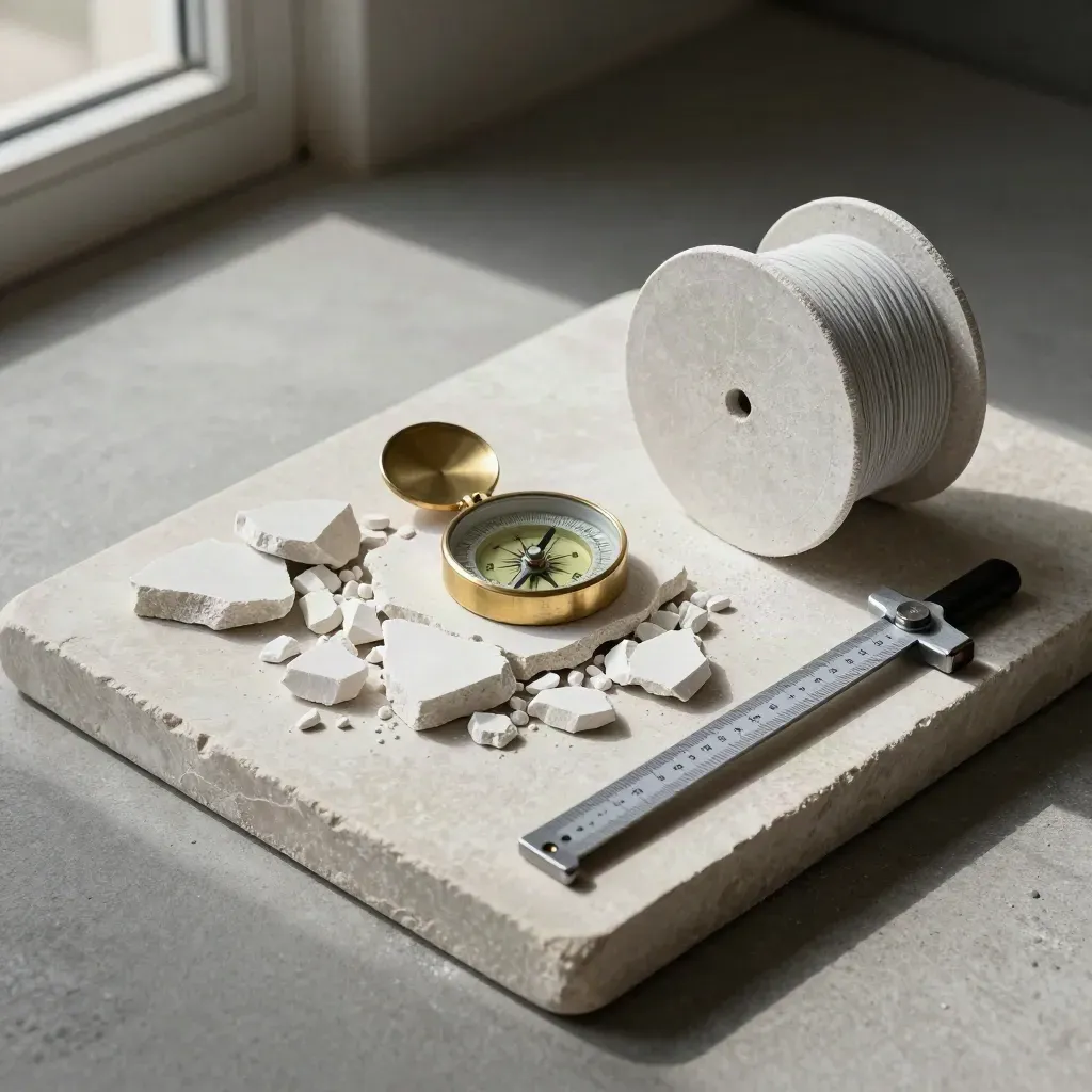 Overhead flatlay of limestone chips, brass compass, chalk reel and profile gauge on stone tray