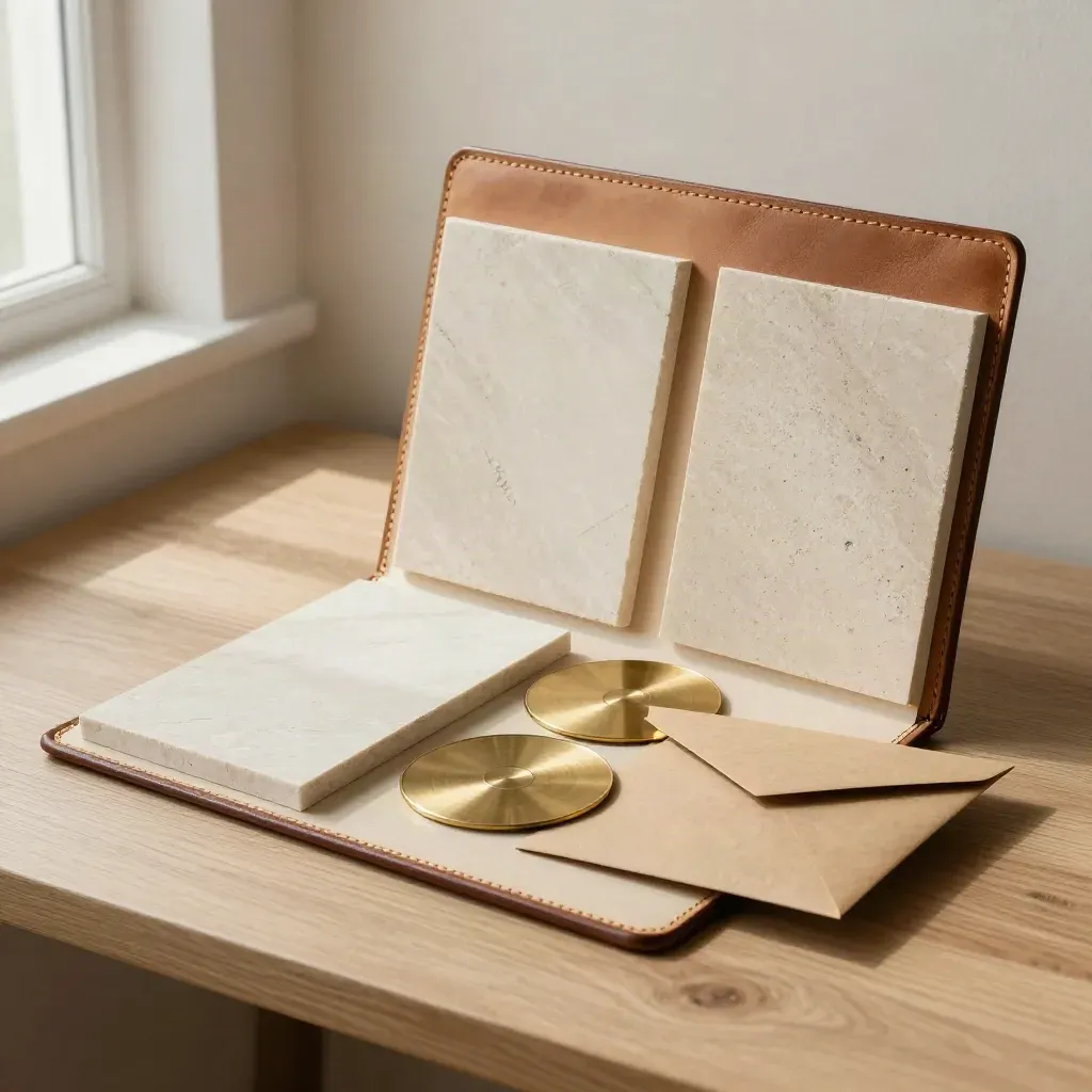 Leather sample folio with stone swatches, brass discs and a kraft envelope on pale oak