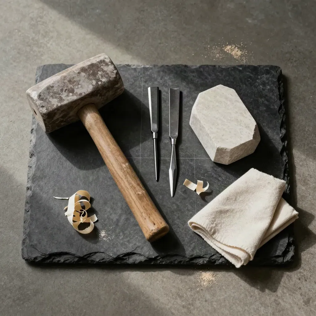 Stone mason tools and limestone offcut on slate tray with curled shavings, top-down still life.