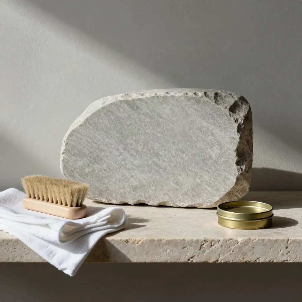 Stone arris sample with brush, cloth and beeswax tin on a pale limestone shelf.