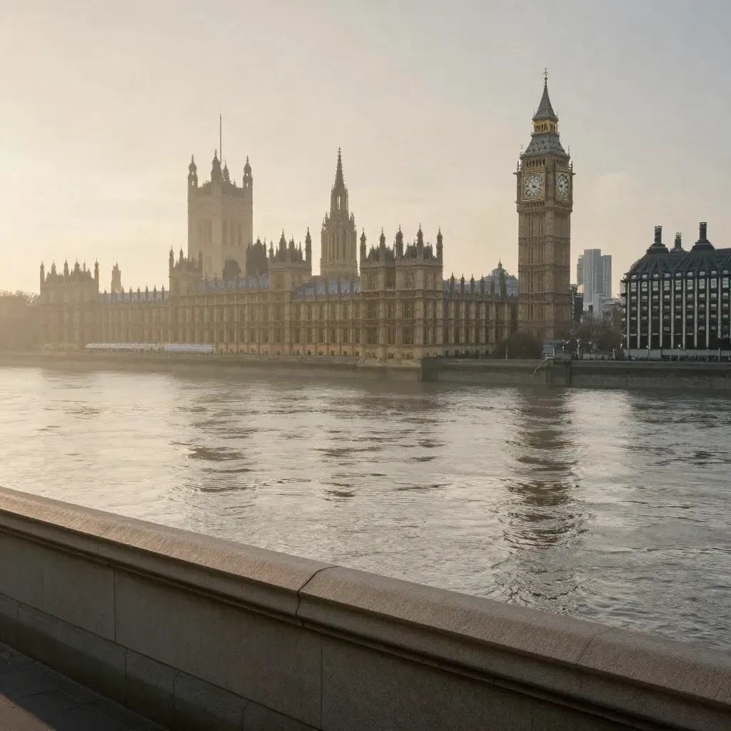 Westminster skyline above a misty Thames bend with pale stone parapets and sunrise haze.