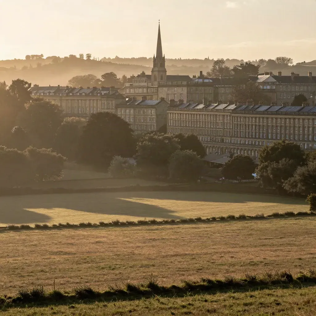 Bath’s honey-stone terraces on a hazy valley edge with a church spire above
