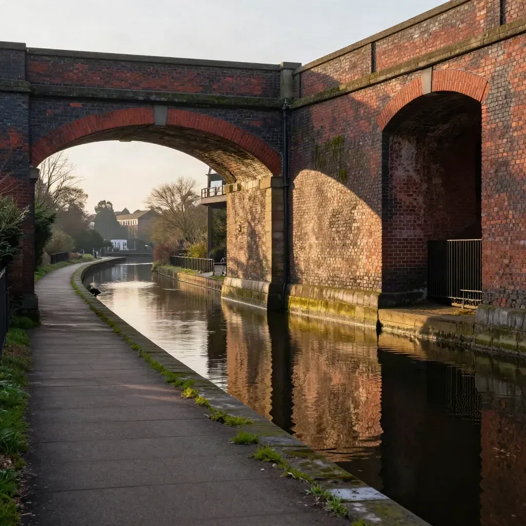 Golden-hour Birmingham canal terraces and brick viaducts above a calm towpath and water