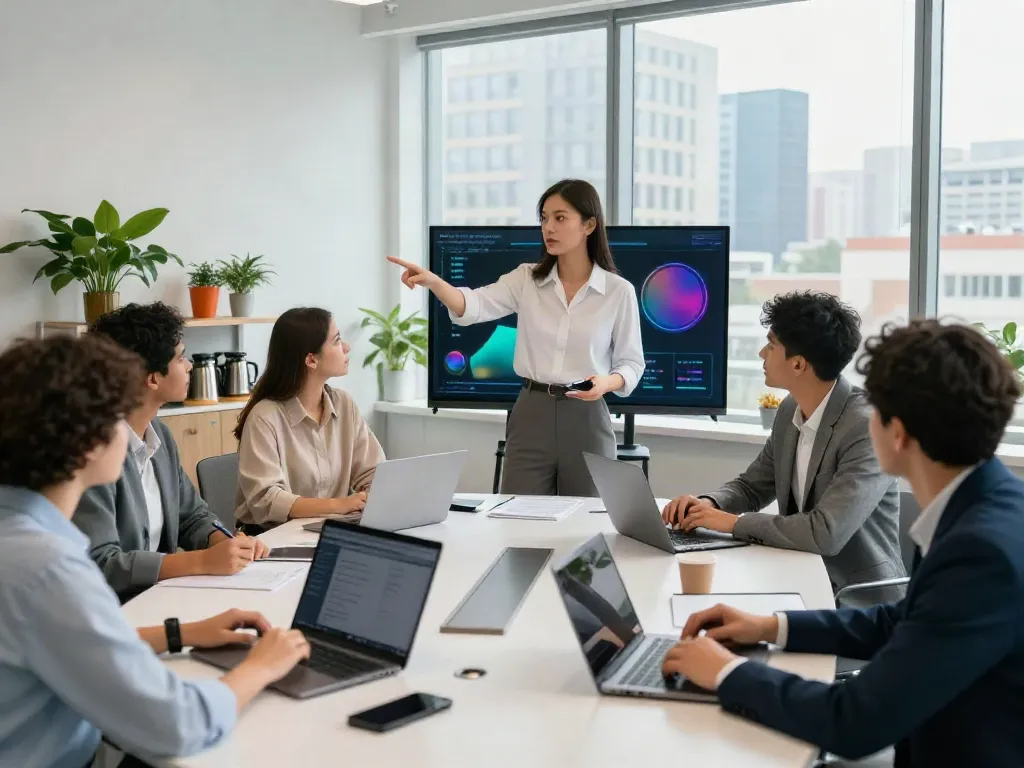 Diverse team discussing strategies in a modern office with digital metrics displayed.